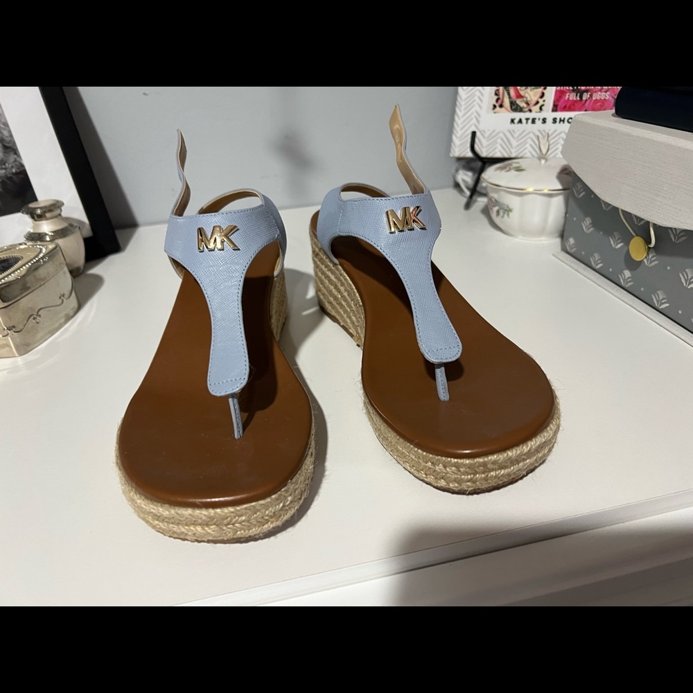 Light blue leather wedges